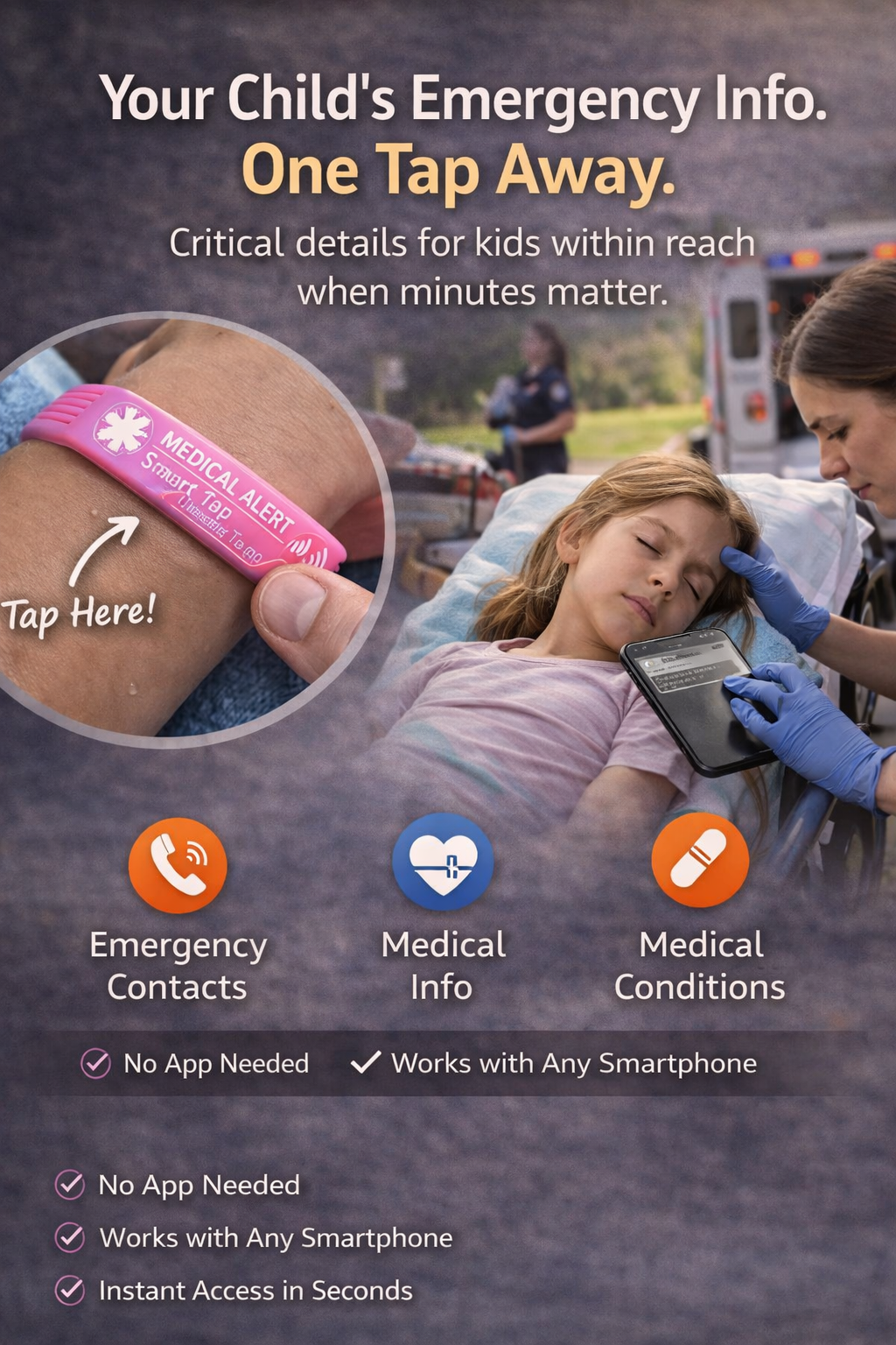 Medical Alert Bracelet (Black) – SmarTap Emergency Info for Men|Women|Seniors | Kids | STJ SmartTap