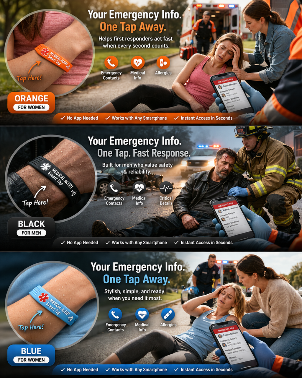 Medical Alert Bracelet (Black) – SmarTap Emergency Info for Men|Women|Seniors | Kids | STJ SmartTap