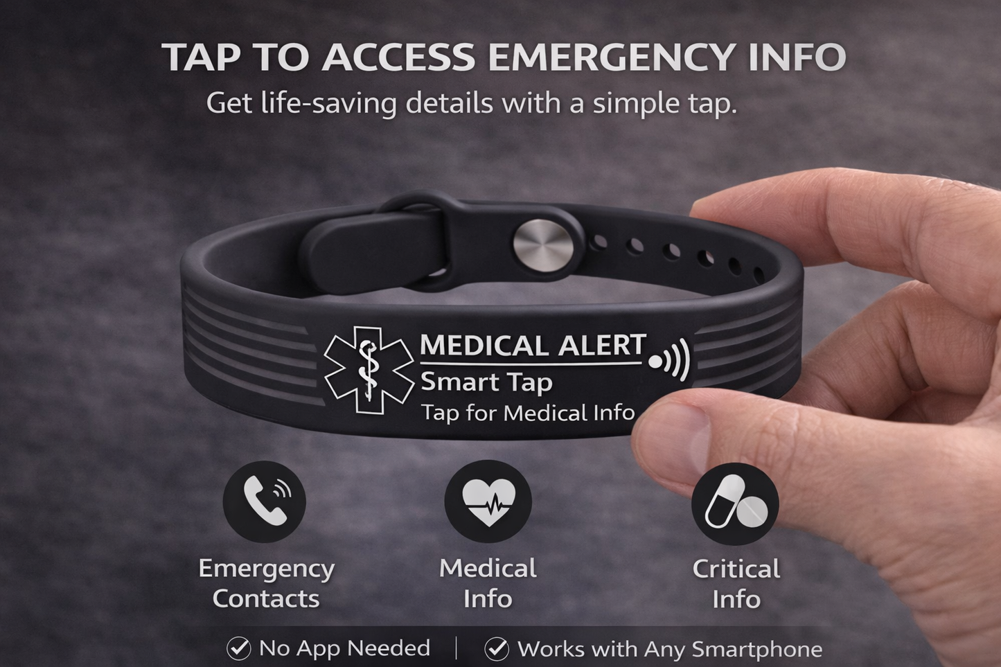 Medical Alert Bracelet (Black) – SmarTap Emergency Info for Men|Women|Seniors | Kids | STJ SmartTap